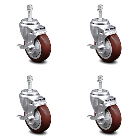 Service Caster 4 Inch Maroon Polyurethane Swivel 3/8 Inch Threaded Stem Caster Set with Brake SCC-TS20S414-PPUB-MRN-TLB-381615-4
